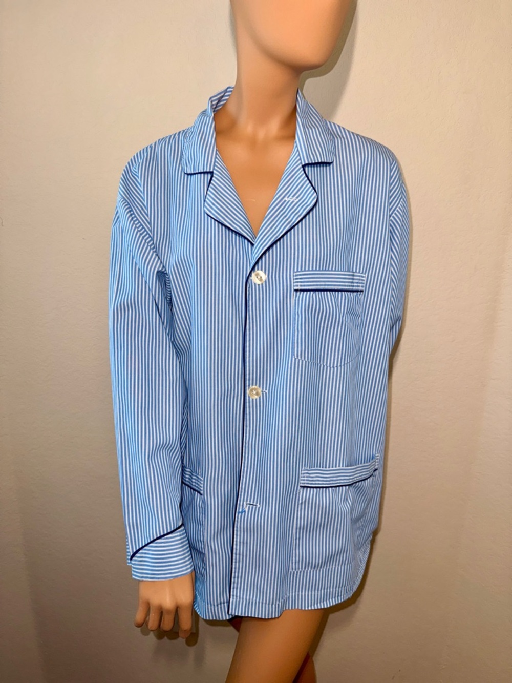 Vintage Christian Dior Pajama Top XL Blue Stripe Button Front Sleepwear Shirt